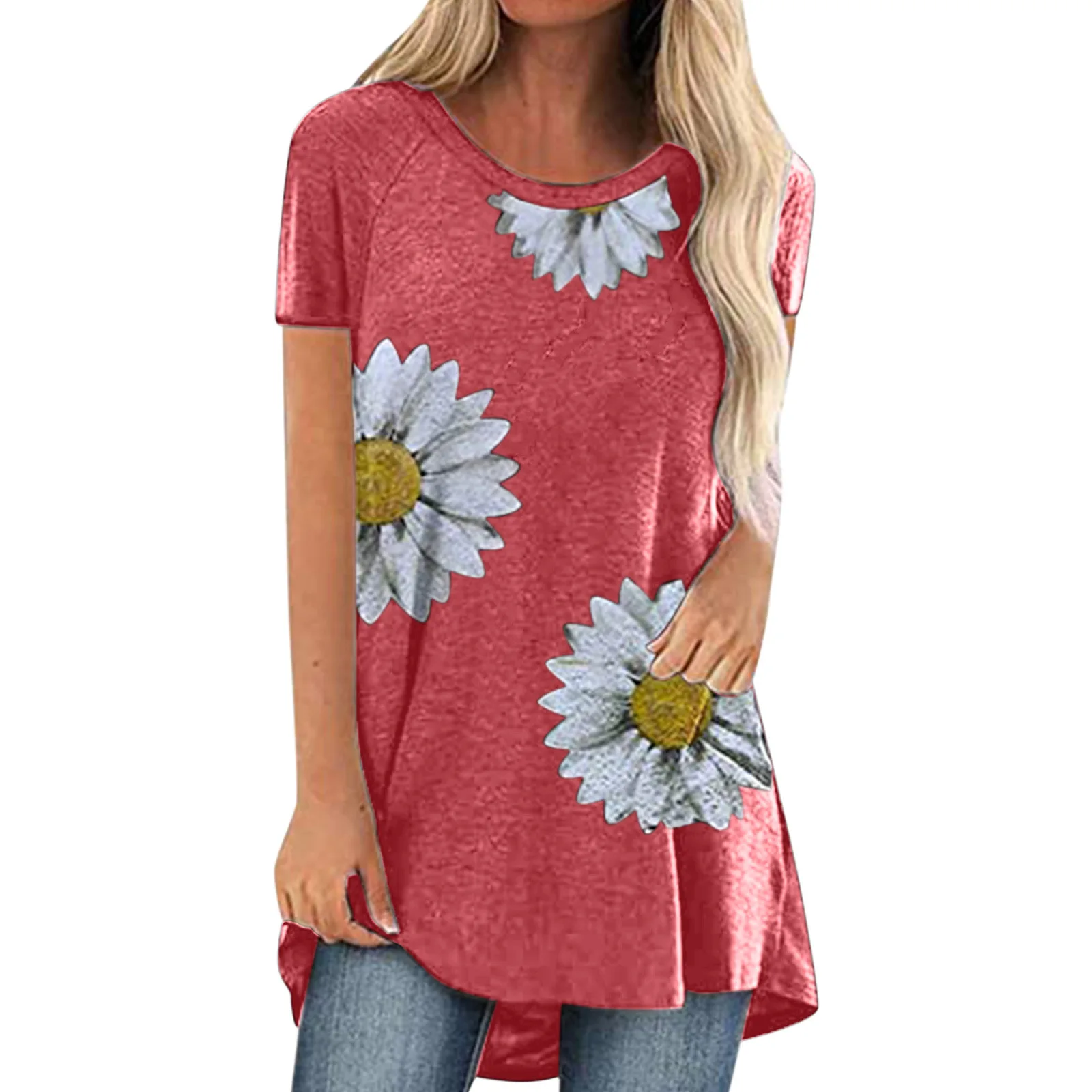 

2021 Summer Small Daisy Printed Women Tshirt Black Plus 5XL Short Sleeve Female Tops Elegant Casual Fashion Lady Clothing New