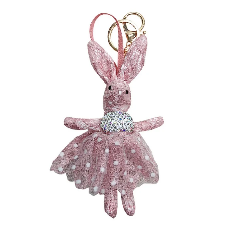 

Japan And Korea Inlaid Mosang Stone Keychains Lace Rabbit Key Ring Grasping Machine Doll Clay Gift Cute Doll Bag Keyring Pendant