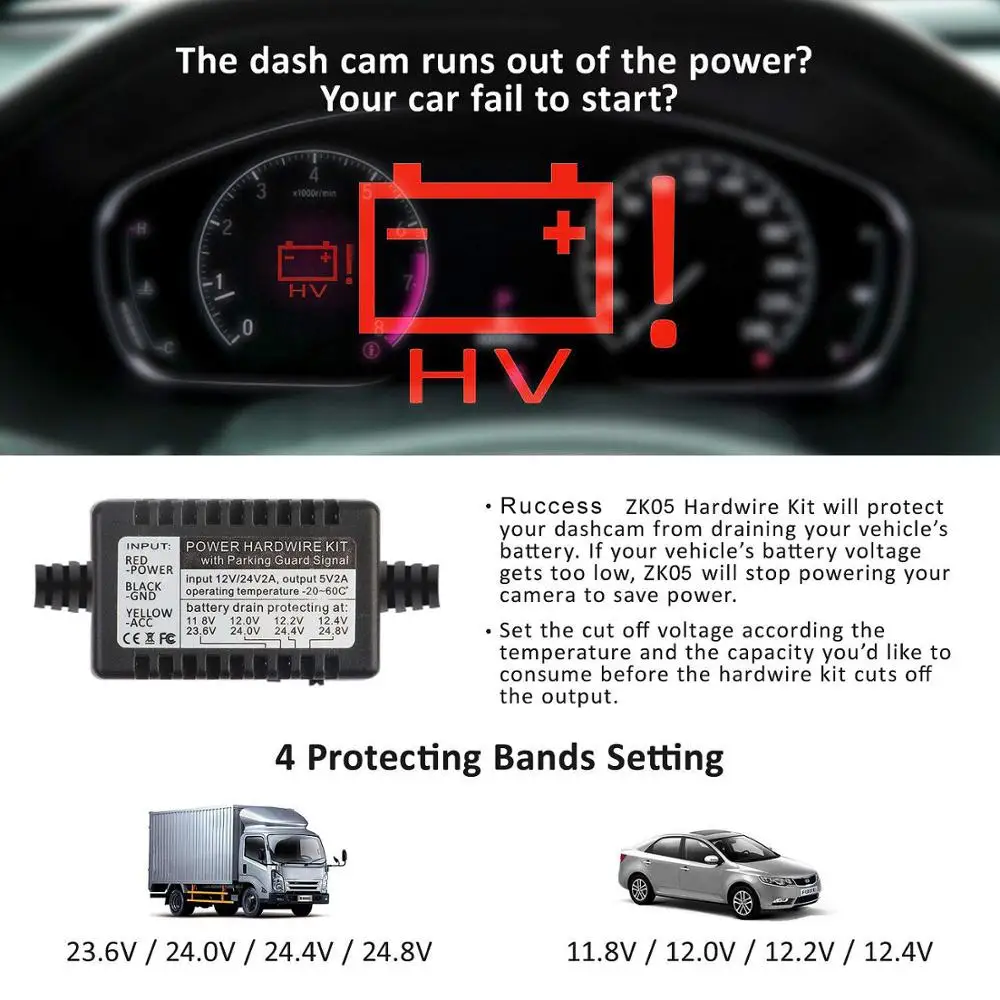 Ruccess Hardwire Комплект Мини Micro USB DVR адаптер питания DC 12 В 24 В до 5 В 2A жесткий провод комплект для видеорегистратора/Автомобильный видеорегистратор/24 H парковка