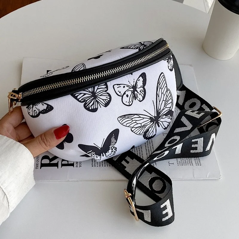

Women Butterfly Printed Messenger Belt Bag Pack pu leather Waist Bags Girl Travel Small Fanny Chest Pack Bolsas Ladies Crossbody