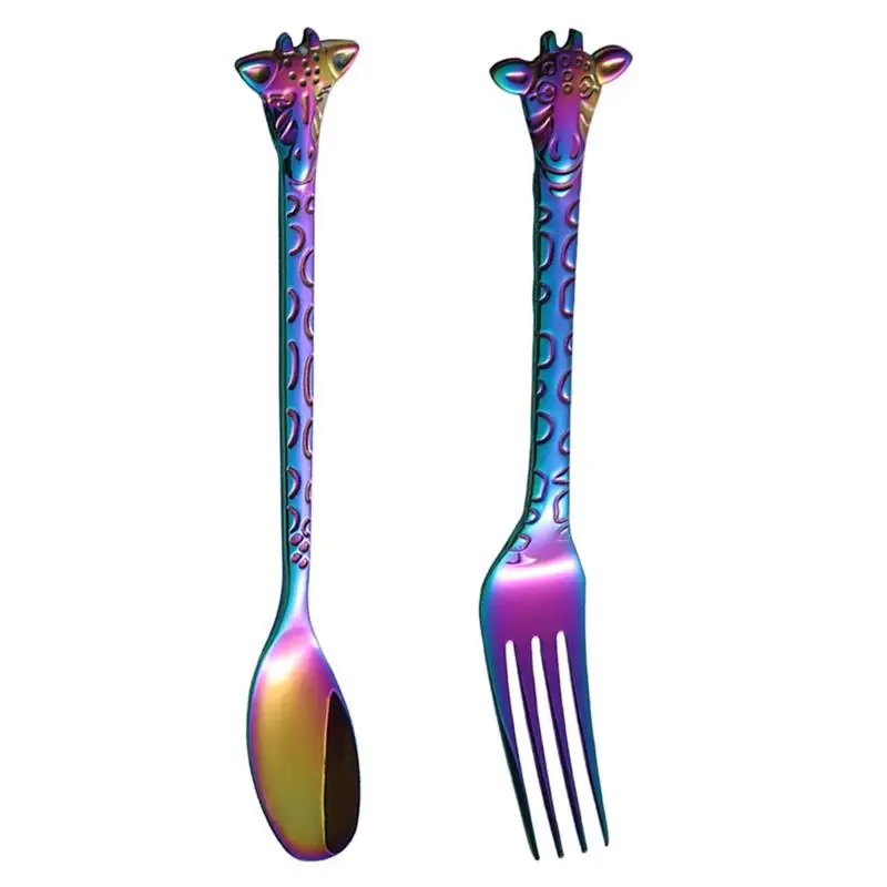 

2pcs Western Dinner Spoon And Fork Set Dessert Spoon Stainless Steel Mixing Spoon Cartoon Cake Forks For Home Restaurant
