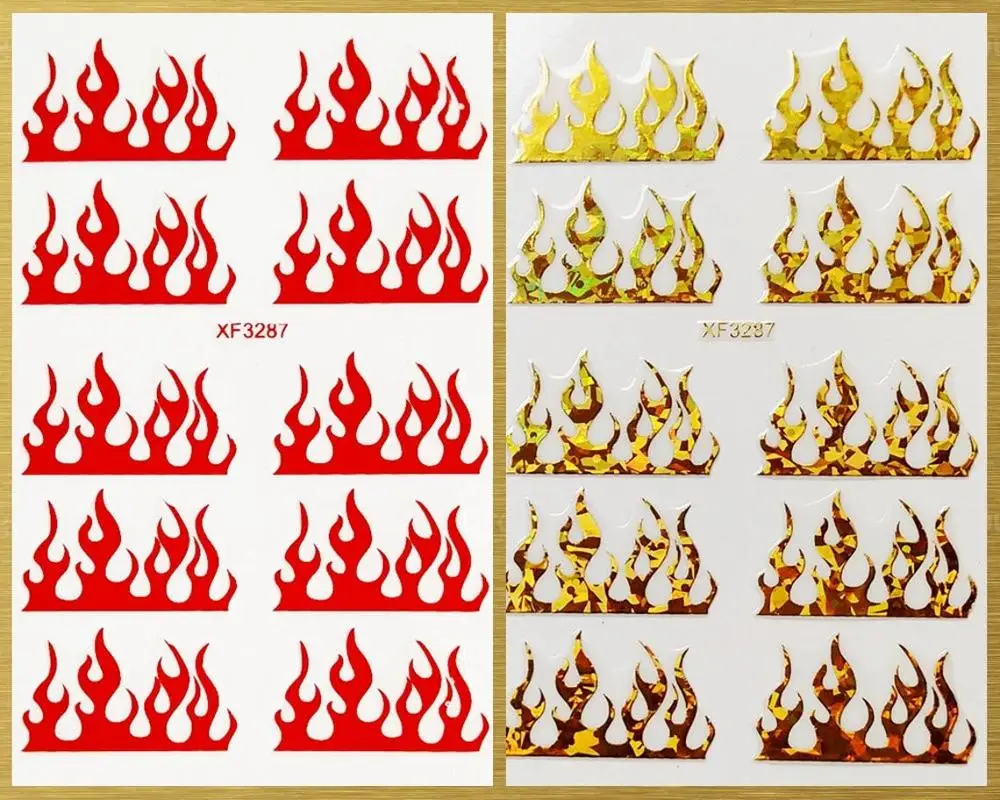 

5pcs/lot Fire Flame Nail Decal (Flame Design) 3D Holographic Fire Flame Self-Adhesive Nail Stickers XF3278-XF3287 (5 Colors)