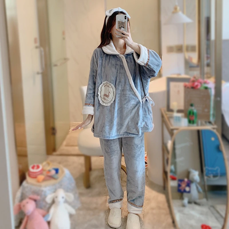 Fleece Maternity Pajamas Set 2pc Breastfeeding Pregnant Women Nursing Pajama Set Top Pants Sleepwear Pregnancy Nightgown Clothes