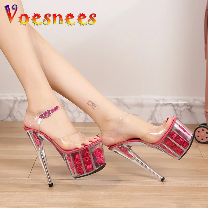 

2021 Summer Women Shoes Platform Thin Heel Ultra High Heels 17CM Flowers Transparent Crystal Sandal Sexy PVC Dress Wedding Shoes