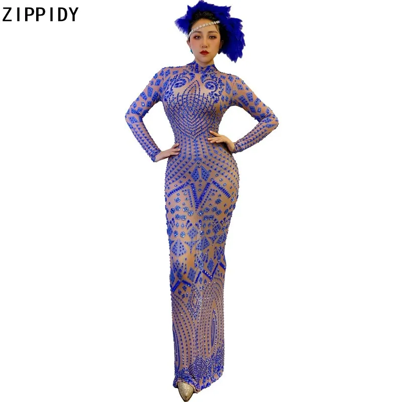 

Ярко-синий стразы на сетчатой основе длинное платье для выпускного вечера вечерние комплект вечерней одежды для дня рождения праздновать наряд певица платья для выступлений