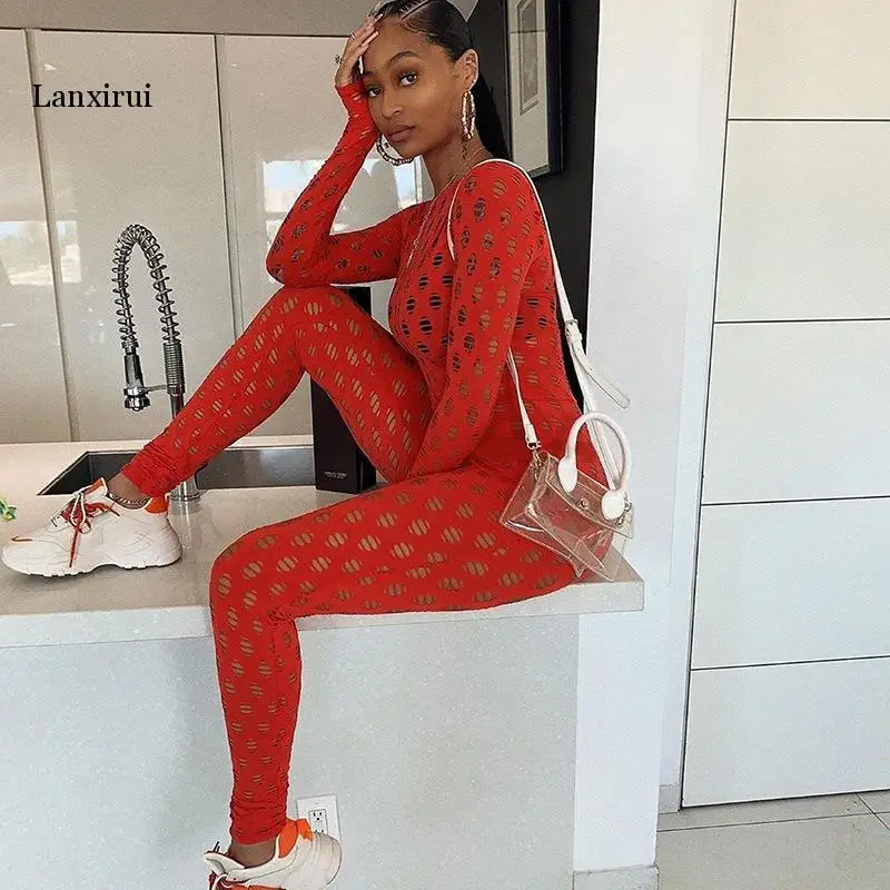 

Sexy see-through turtleneck knitted mesh street trendsetters breathable close-fitting tracksuit