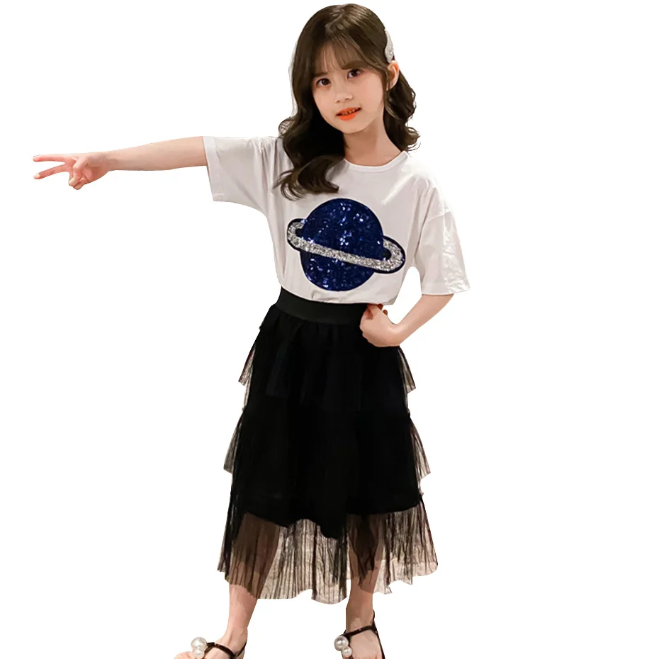 Летняя одежда для девочек футболка с блестками + юбка Повседневная стильная