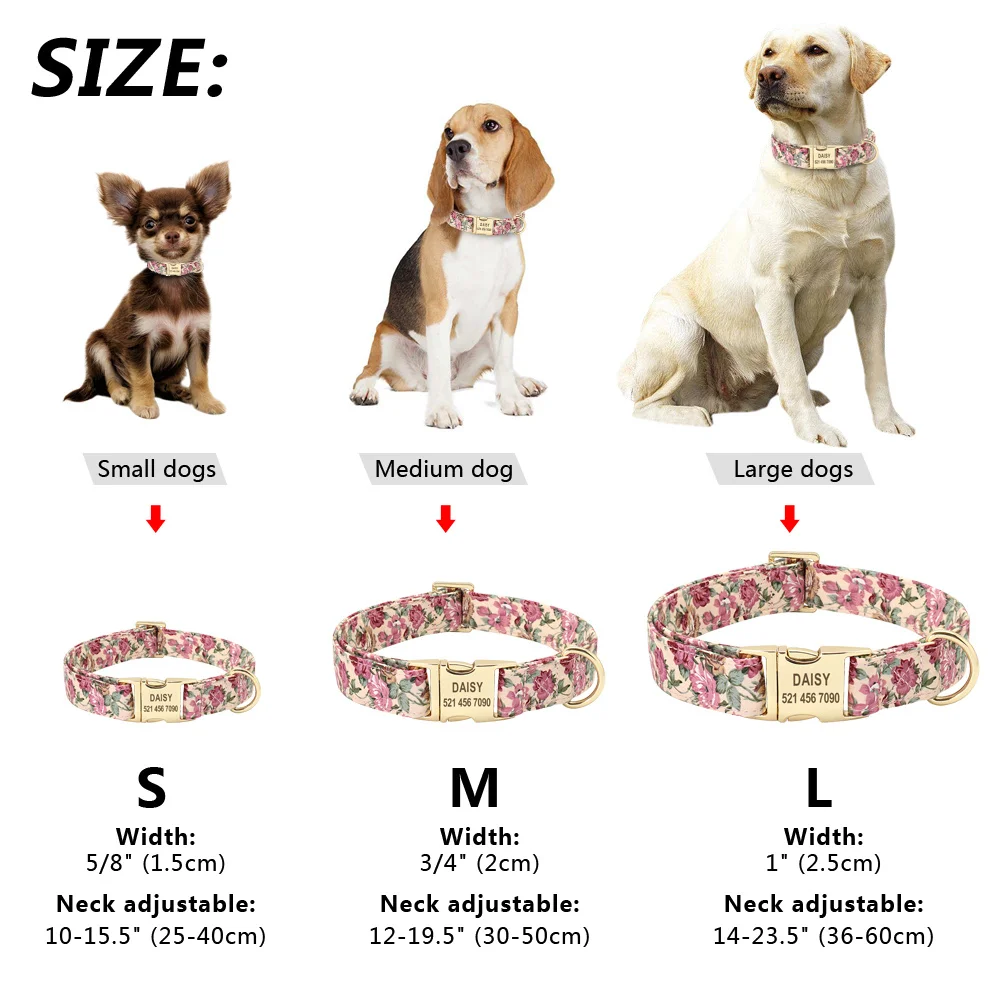 

Personalized Floral Dog Collar Custom Small Medium Dog Pet ID Collar Flower Print Nylon Large Dog Engraved Collars