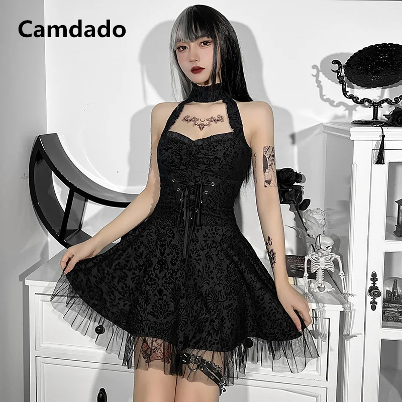 

Black Lace Halter Dress Women 2022 New Fashion Mesh Sheer Hollow Tulle Slip Skirt Waist Ribbon Adjustment Suspender Wrap Dresses