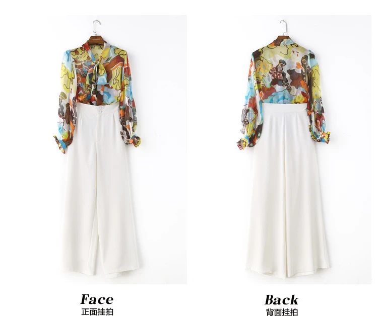 

Office Lady Clothing set Women summer Spring Colorful Floral print loose Bows blouse tops and big leg Party pants suits NS295