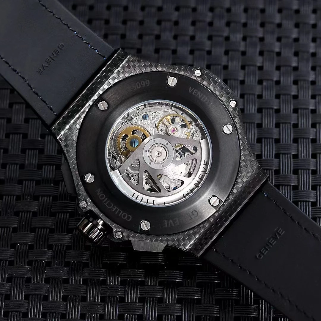 

2021 Luxury New Men Automatic Mechanical Full Black Carbon Fiber Black Blue Leather Rubber Sapphire Glass 48mm Luminous Watch