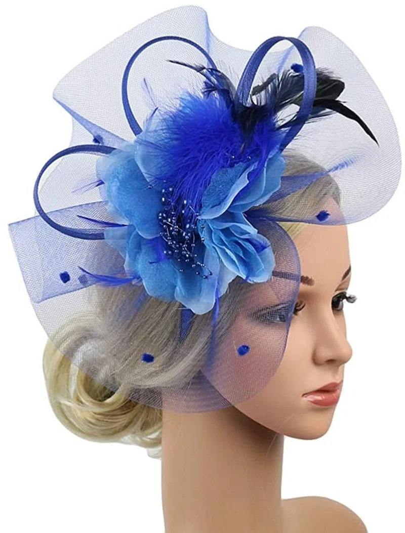

Women Fascinator Feather Hat with Hair Hoop Flower Mesh Hair Clip for Wedding Cocktail Tea Party Church