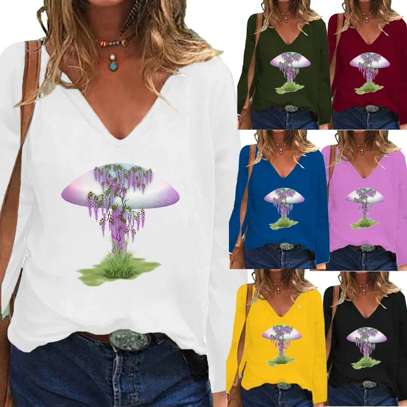 

Autumn and Winter the New Women Solid Color Fashion Printed Shirt Graphic Tee V-neck Long Sleeve Loose Casual T-shirt