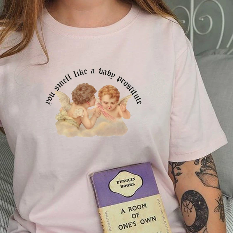 

Женская хлопковая футболка с коротким рукавом, с принтом ангела