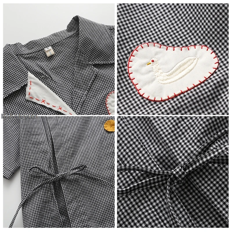 

Original Harajuku Design Chic Women Blouse Ladies Cotton Plaid Shirt Short Sleeve Cartoon Embroidery Loose Bow Tie Pleated