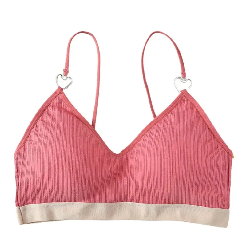 Women Candy Color Splicing Bralette V-Neck Heart Ring Ribbed Knit Bra Underwear X3UE