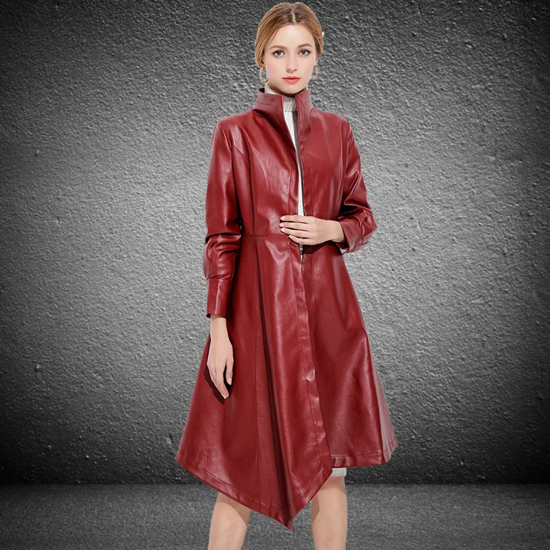 Женская Черная Куртка из искусственной кожи Длинная тонкая ветровка с поясом