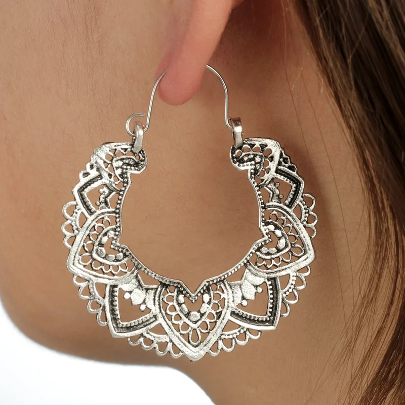 

Vintage Antique Gold Silver Color Hollow Flower Drop Earrings for Women Ethnic Alloy Piercing Round Dangle Earrings Boho Jewelry