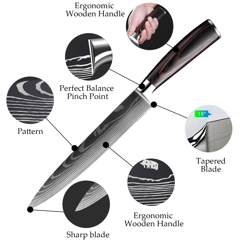 

MDHAND kitchen knives Set Laser Damascus pattern chef knife Sharp Santoku Cleaver Slicing Utility Knives Resin Handle Gift