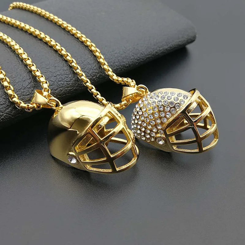 

Hip Hop Rhinestones Paved Bling Iced Out Gold Color Stainless Steel Football Helmet Pendants Necklaces for Men Rapper Jewelry