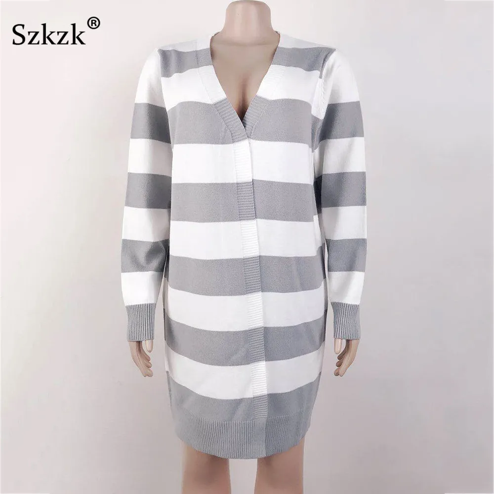 

Szkzk Color Block Stripe Cardigan Female Coat Sexy Knit Sweater 2020 Fall Winter Patchwork Long Sleeve Knitwear Sweaters Coats