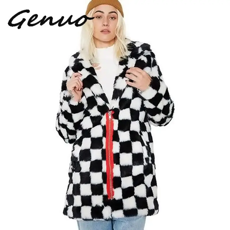 

Genuo New Winter Oversized Thick Warm Faux Fur Coats Women High Street Brand Zipper Plaid Fur Coats And Jackets Ladies Faux Fur