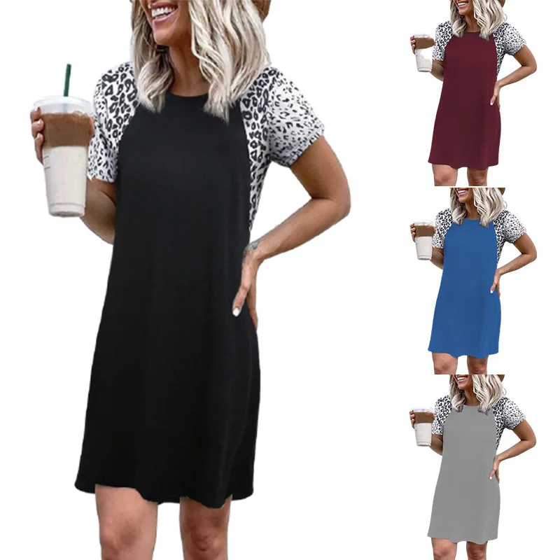 

2021 Europe and America spring and summer explosions round neck leopard stitching short sleeve casual dress women's clothing