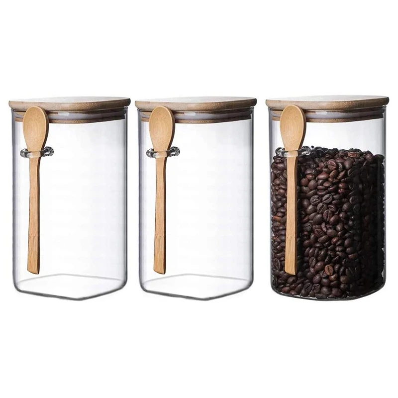 

3Pcs Clear Square Glass Storage Jar with Bamboo Lids with Bamboo Spoons - Airtight Food Jars - Glass Kitchen Containers