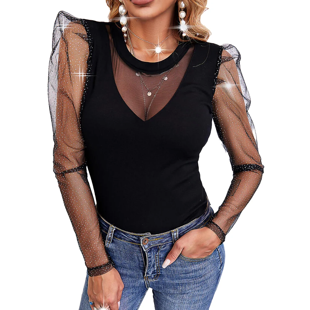 

Women Spliced Spring Autumn Tops Knit Elegant Casual Puff Sleeve Round Neck Shirt Mesh See Though Long Sleeve Female Pullover
