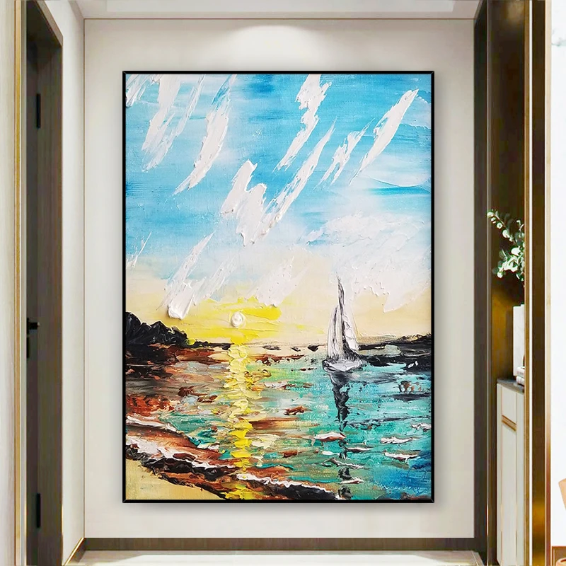 

3D Abstract Hand-painted Ocean Sea Sunrise Sailboat Oil Painting On Canvas Wall Hanging Art for Living Room Decorative No Framed