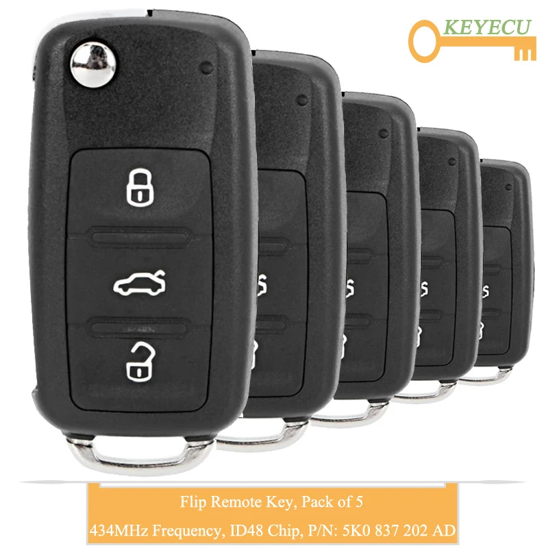 KEYECU 5 шт. флип-пульт дистанционного управления автомобильный ключ для Volkswagen Caddy EOS GOLF BEETLE Polo Up Polo, 3 Btn-434 MHz-5K0837202AD