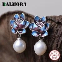 balmora original 925 silver lotus pearl tassel stud earring for women girls vintage enamel lotus ear stud eardrop jewelry gift