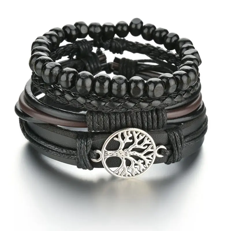 

Unique Deep Color Braided Wrap Leather Bracelets Jewelry Accessories Vintage Life Tree Charm Wood Ethnic Tribal Wristbands