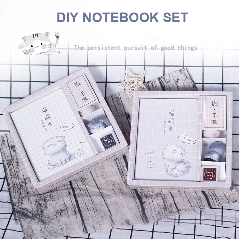 

Cute Cartoon Cat Series DIY Notebook Set School Kids Gift Notebook With Stamp and Tape for Scrapbooking