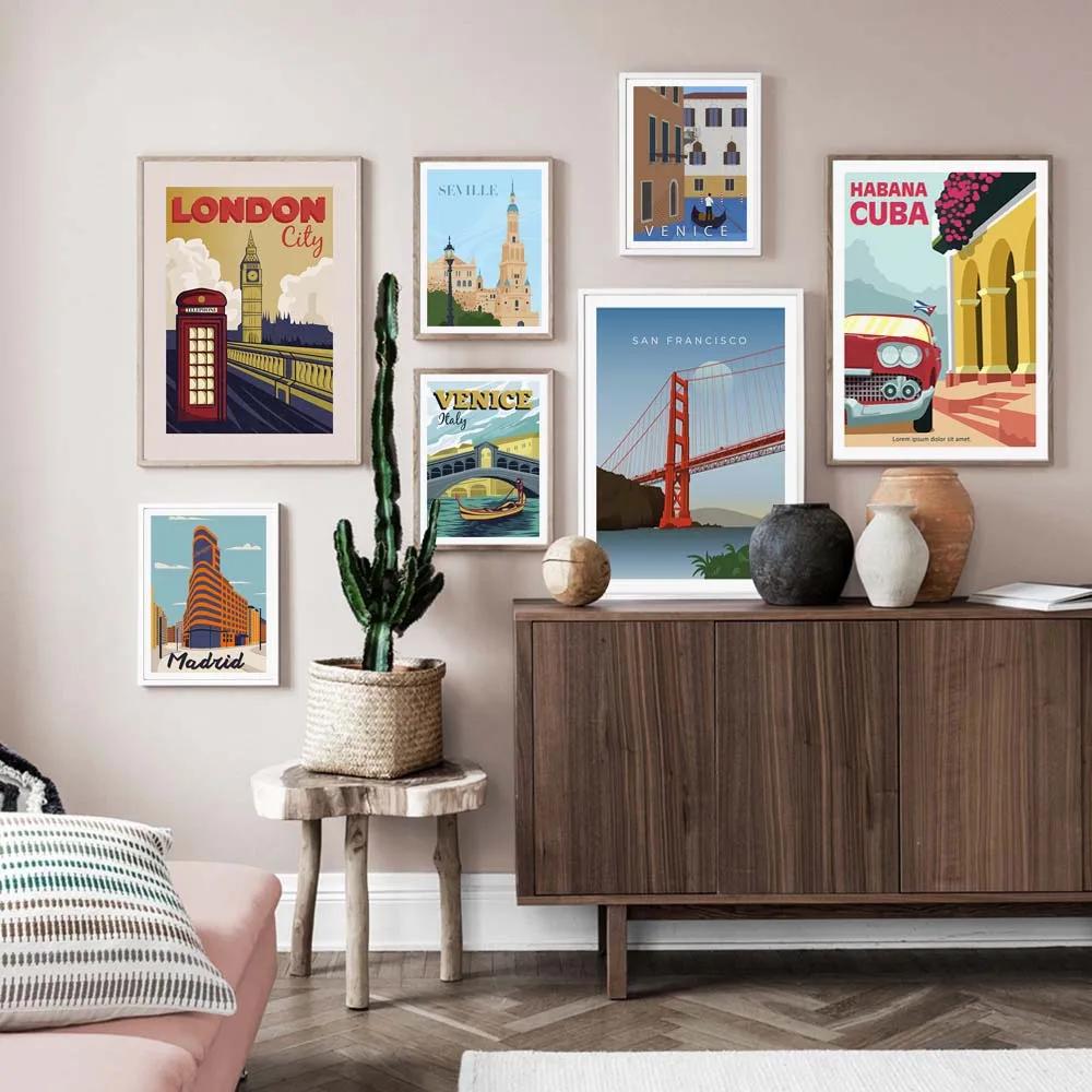 

San Francisco Seville London Template City Landscape Poster Vintage Wall Art Canvas Painting Nordic Prints Living Room Decor