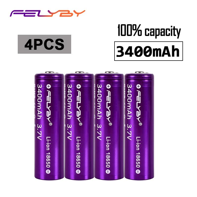 FELYBY 4 шт. 18650 3,7 в литий-ионная аккумуляторная батарея au lithium accu литий-ионный 18650 аккумулятор 3400 мАч