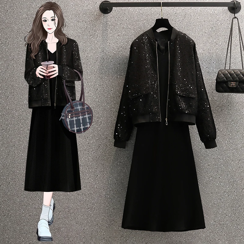 Женский зимний костюм большого размера 4XL куртка с блестками и вязаное платье на