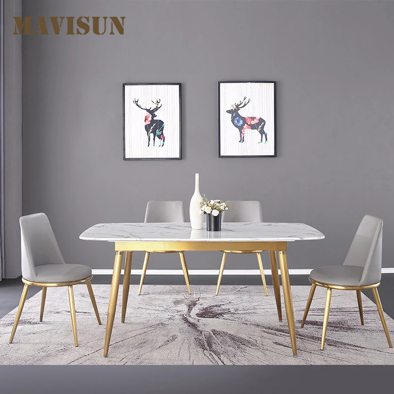 

New Nordic Marble Dining Table Rectangular Small Apartment Postmodern Stainless Steel Household Light Luxury Chair Combination