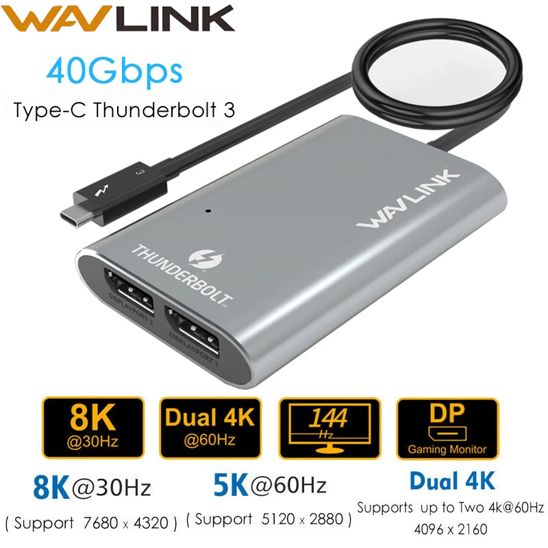 Адаптер Wavlink Thunderbolt 3 с двумя портами дисплея 8K адаптер USB C концентратор 4K и 5K@ 60 Гц сплиттер типа C видео дисплей 【 Intel Certified】