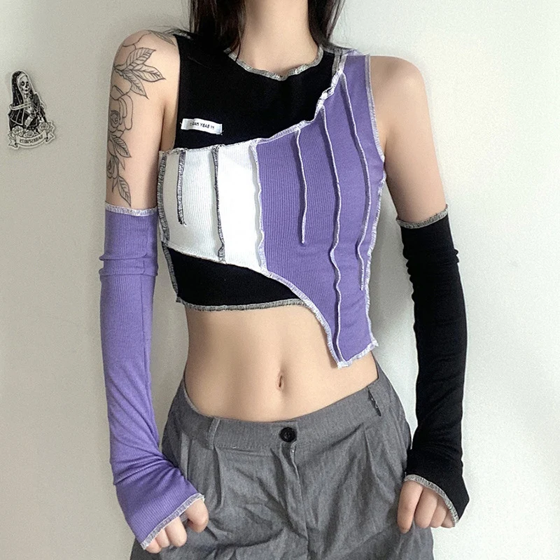 

GRAZIA VIRA 2021 Autumn New Women Patchwork Crop Top T-shirt With Sleeves Harajuku Cyber Y2K Top Punk Grunge Vintage Clothes 90s