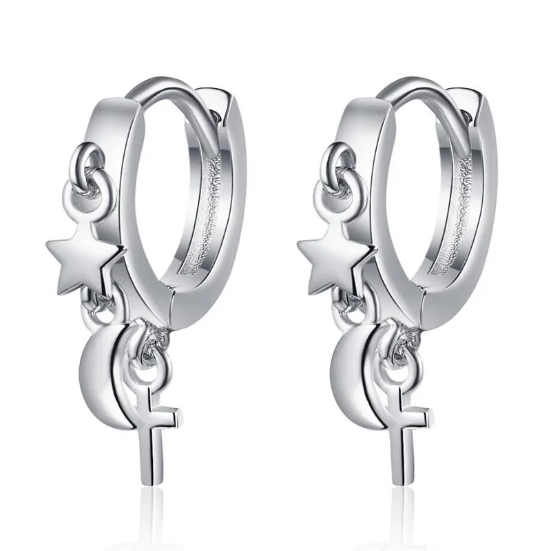

KOFSAC 2021 Fashion 925 Sterling Silver Earrings For Women Creative Star Moon Vintage Cross Hoop Ear Jewelry Girl Birthday Gift