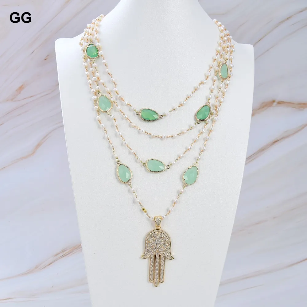 

GuaiGuai Jewelry CZ Hamsa Pendant 18" 4 Strands Cultured White Pearl Crystal Chain Necklace