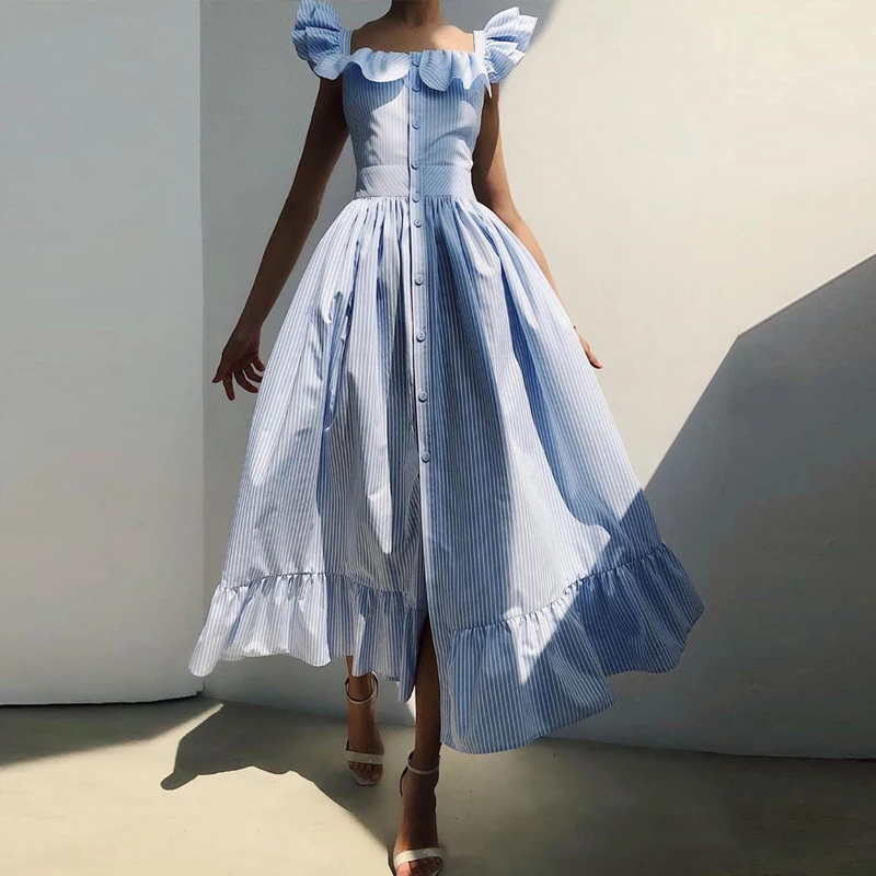 

Women Fashion Ruffles Short Sleeve Slim Maxi Dress Summer Square Collar Solid Color Dress Ladies Party Dress white dress