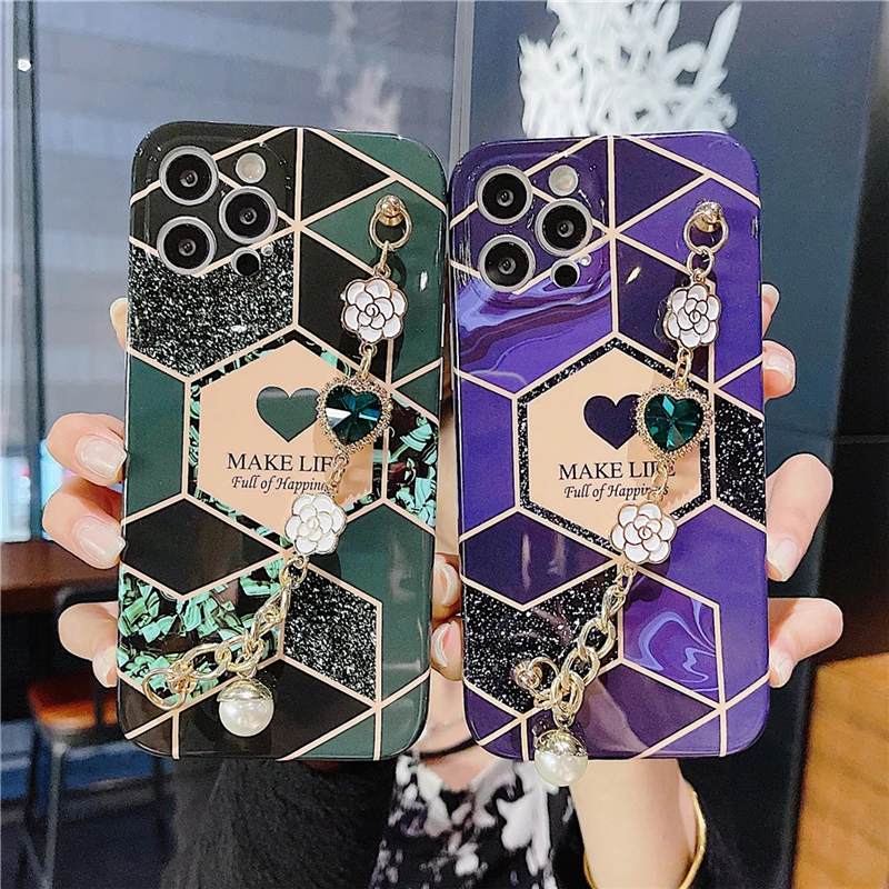 

Luxury Marble Pattern Phone Case For iPhone 12 11 Pro Max X XR XS Max 7 8 Plus 12 Mini X SE 2020 Flowers Bracelet Soft IMD Cover