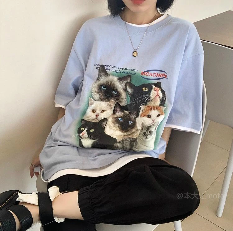 Футболка в стиле Харадзюку с принтом котят и круглым вырезом Y2K Повседневная