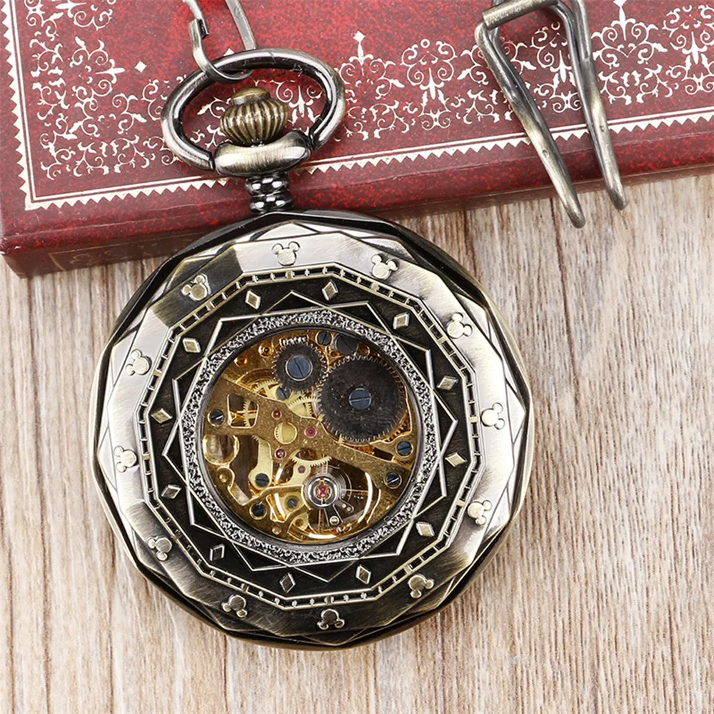 Open Face Roman Numerals Display Bronze Manual Mechanical Pocket Watch Transparent Skeleton Pendant Hand Winding Pocket Clock