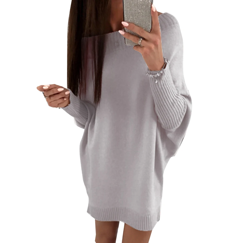 Women Autumn Winter Long Sleeve Boat Neck Plus Size Loose Sweater Mini Dress | Женская одежда