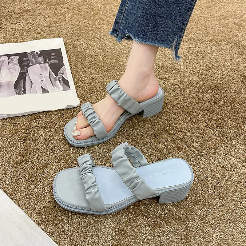 

Shoes Slippers Casual Lady Square heel Med Slides Slipers Women Luxury Girl Block 2021 Rome Hoof Heels PU Shoes Med Woman's Slip