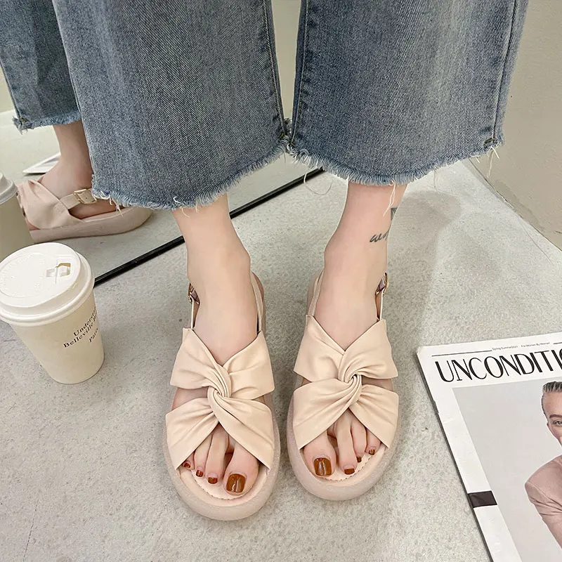 

All-Match Flat Sandal Shoe Clear Heels Anti-Skid 2021 Summer Suit Female Beige Soft Without Low Black Bow Fashion New Comfort