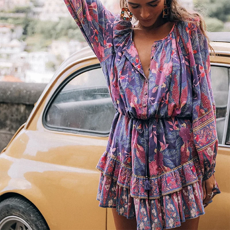 Женское винтажное мини платье с цветочным принтом на завязках|Женские платья| |